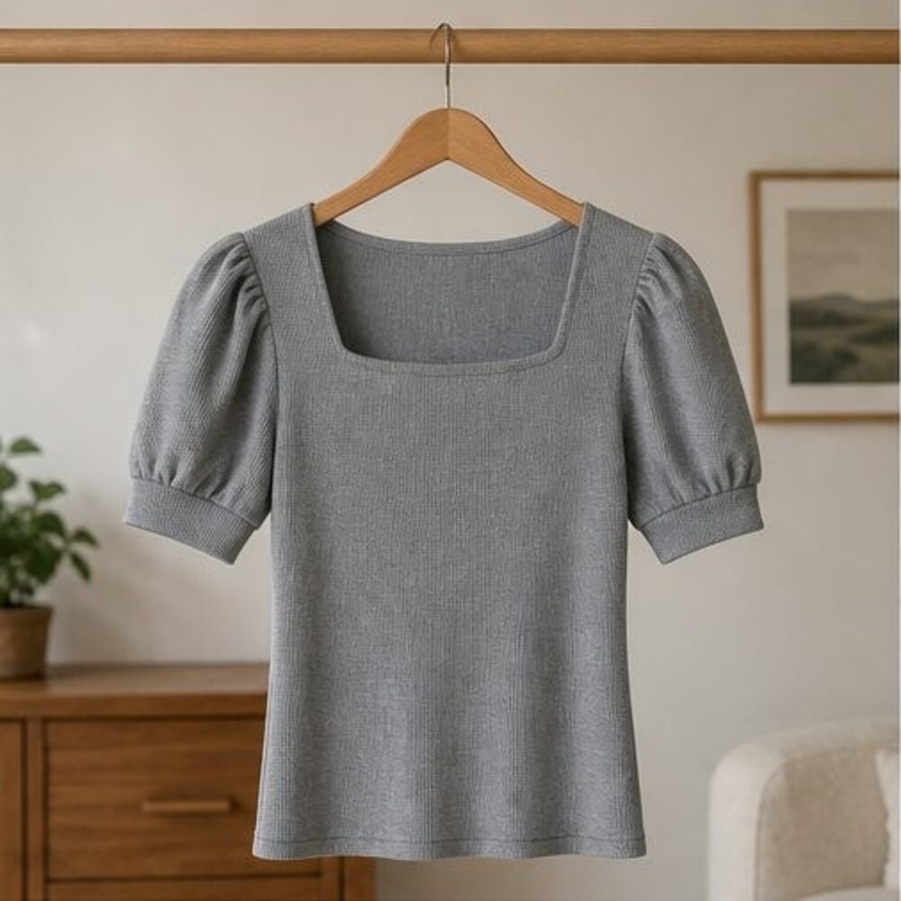Gray Ribbed Square Neck Top